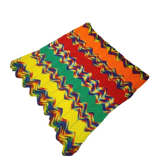 Chevron Throw Blanket Handcrafted Crocheted Multicolor Zigzag Rainbow Bright - Picture 7 of 12